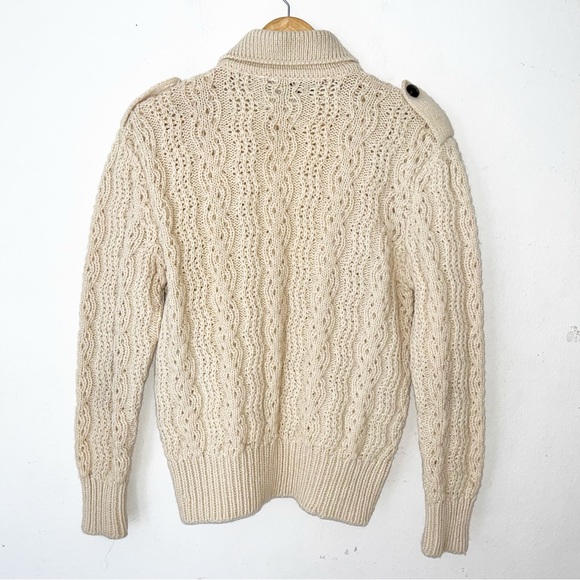 Gaeltarra Yellow Cream New Wool Irish Fisherman Sweater Zip Up Cardigan L - Picture 10 of 11